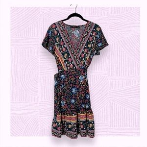 Zessica Wrap Dress Bohemian Floral Printed Ruffle Hem Women's SZ M